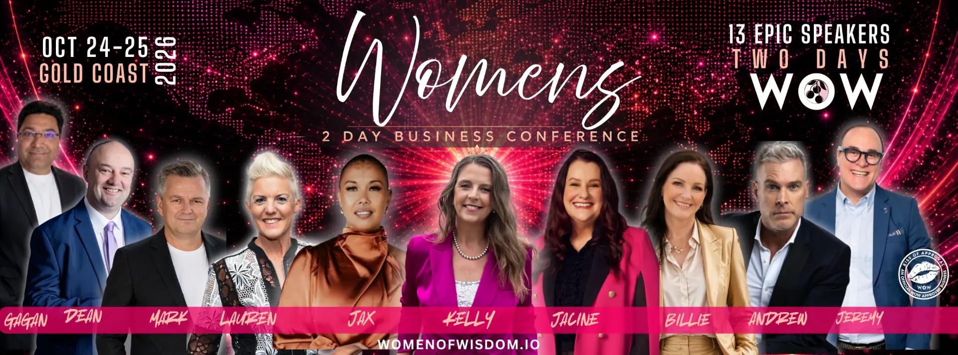 WOW Women's 2 Day Business Conference group line-up on stage in magenta spotlights — 24-25 October 2026, Gold Coast